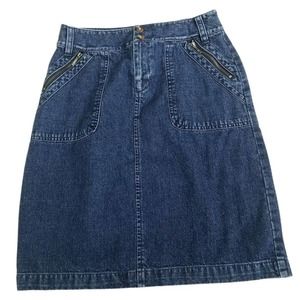 Casual Corner Denim Skirt Blue 2 Petite Jean Stretch Zip Pockets Knee Length VTG